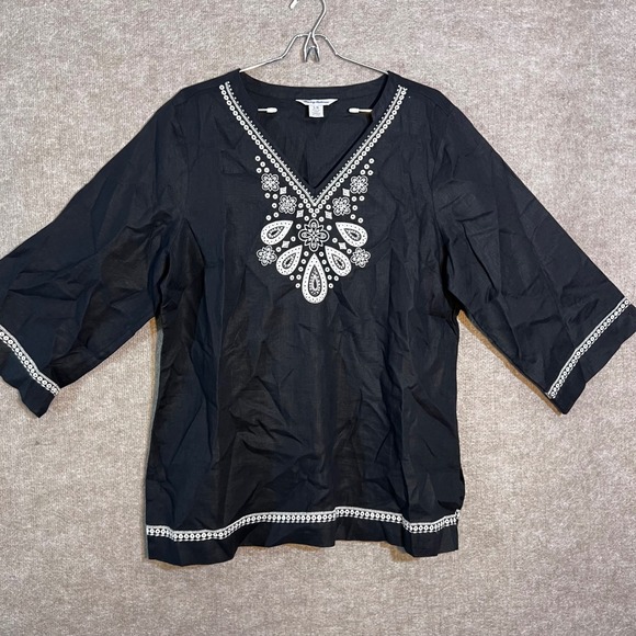 Tommy Bahama Tops - Tommy Bahama Linen Embroidered V Neck Tunic Top Womens Large Black Boho Coastal